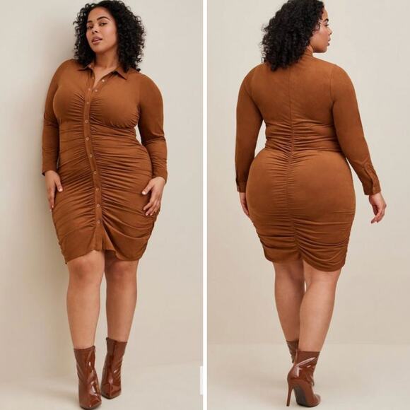 TORRID DRESS 5X BROWN FAUX SUEDE SHIRTDRESS MINI SHORT LONG SLEEVE BUTTON DOWN - Picture 1 of 8
